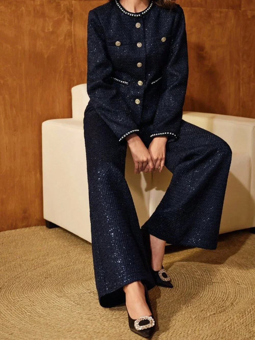 Navy Blue Elegant Tweed Flared Pants